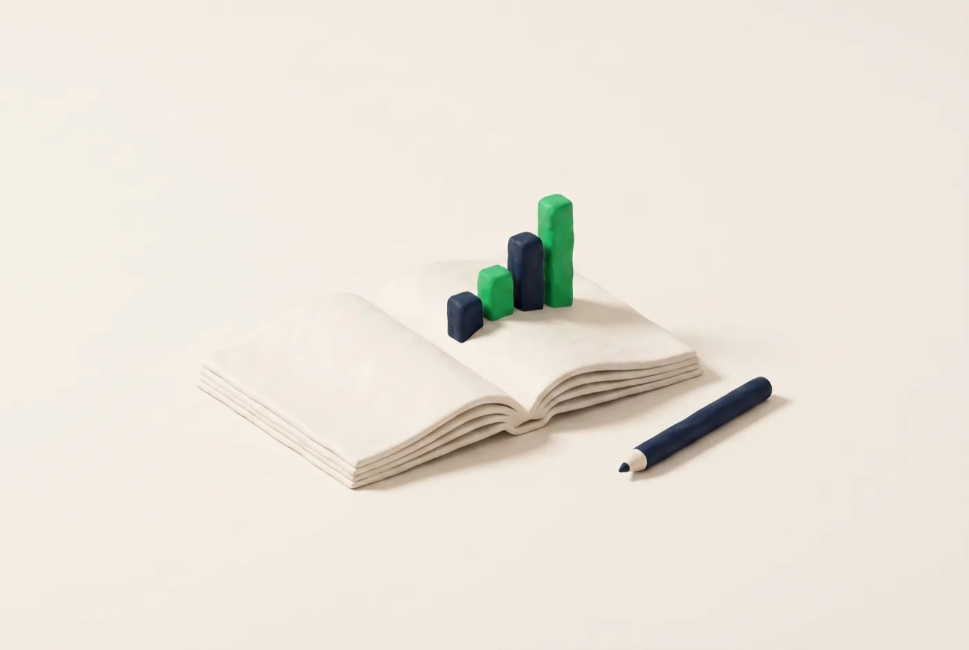 Libro aperto in plastilina da cui crescono le barre di un grafico