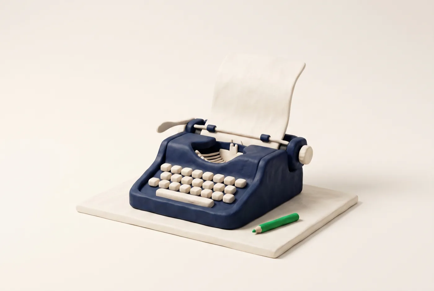 Macchina da scrivere in plastilina blu navy con un foglio bianco nel rullo e una matita verde accanto